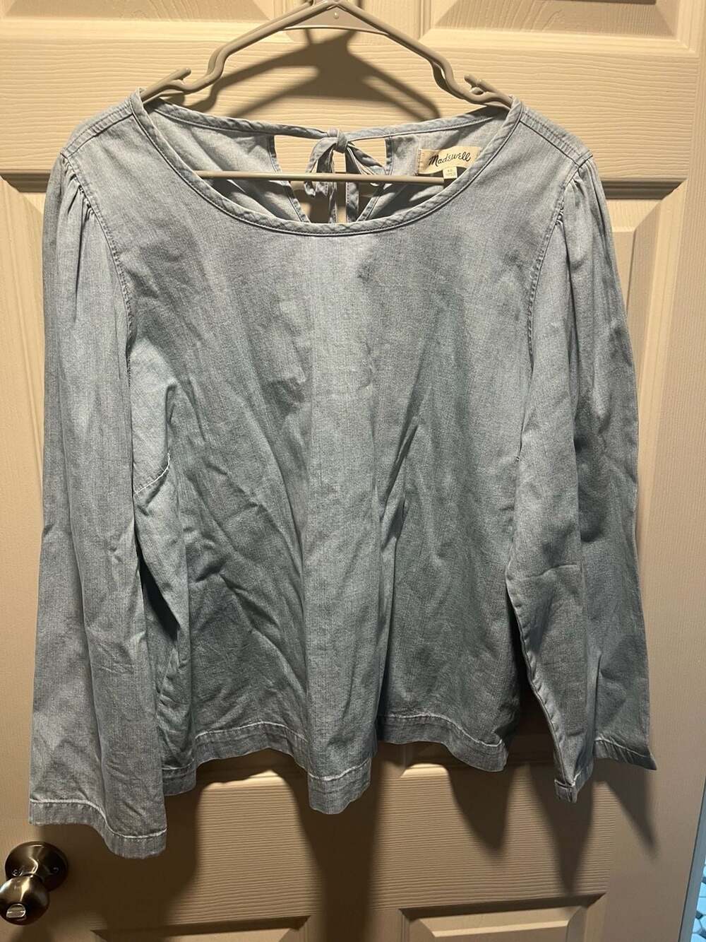 Madewell Denim Tie-Back Puff-Sleeve Swing Top in Aurea Wash XL